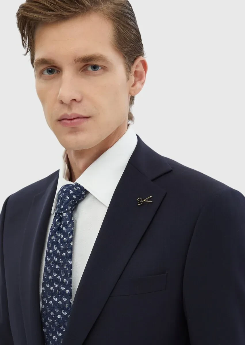 Navy Blue Plain 100% Wool Suit - 3