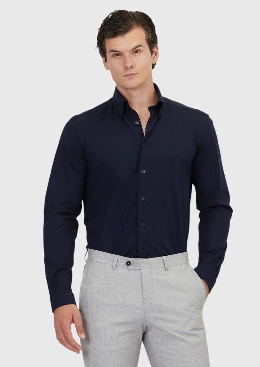 Navy Blue Plain Casual Fit Knitting Casual Cotton Blended Shirt - RAMSEY