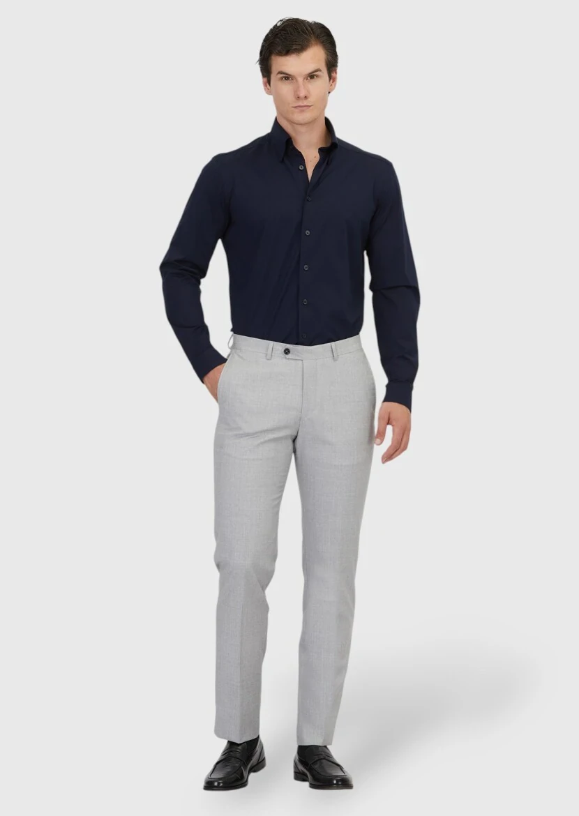 Navy Blue Plain Casual Fit Knitting Casual Cotton Blended Shirt 