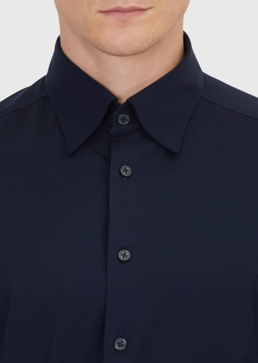 Navy Blue Plain Casual Fit Knitting Casual Cotton Blended Shirt - 3