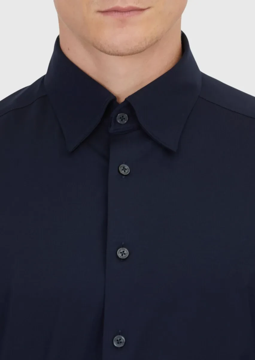 Navy Blue Plain Casual Fit Knitting Casual Cotton Blended Shirt - 3