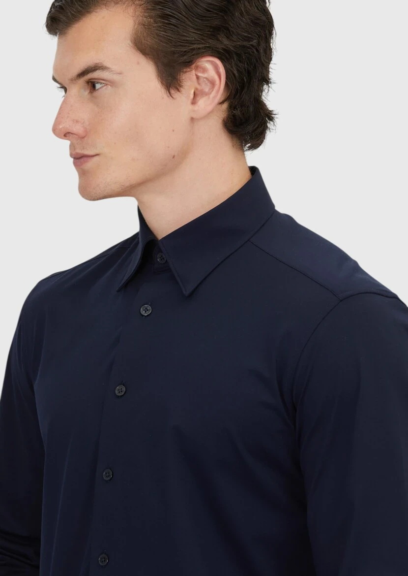Navy Blue Plain Casual Fit Knitting Casual Cotton Blended Shirt - 4