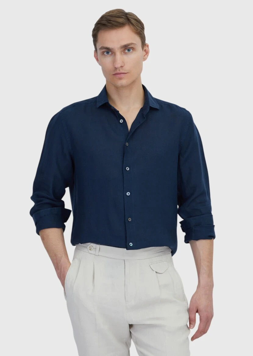 Navy Blue Plain Casual Fit Weaving Casual 100% Linen Shirt - RAMSEY