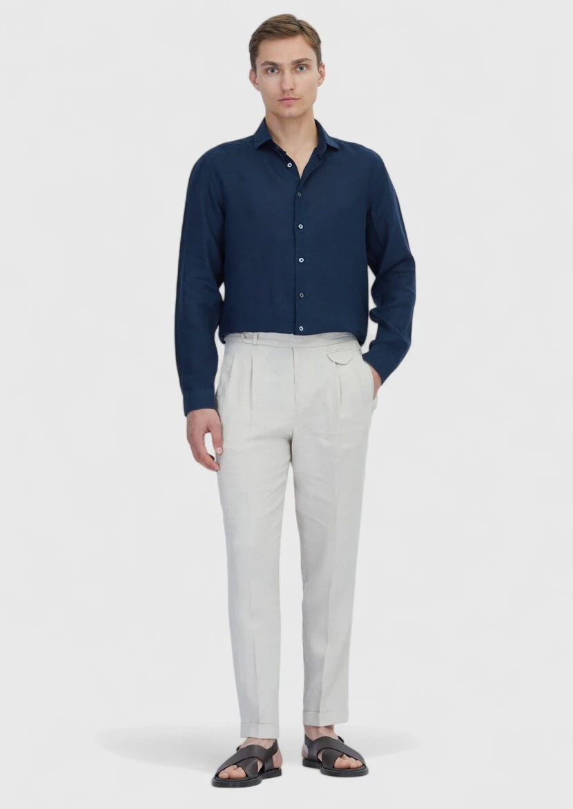 Navy Blue Plain Casual Fit Weaving Casual 100% Linen Shirt - RAMSEY