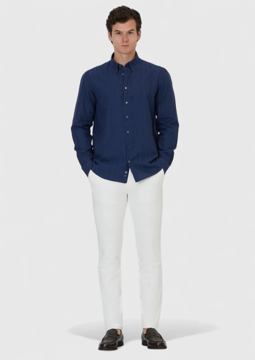 Navy Blue Plain Casual Fit Weaving Casual Cotton Blended Shirt 