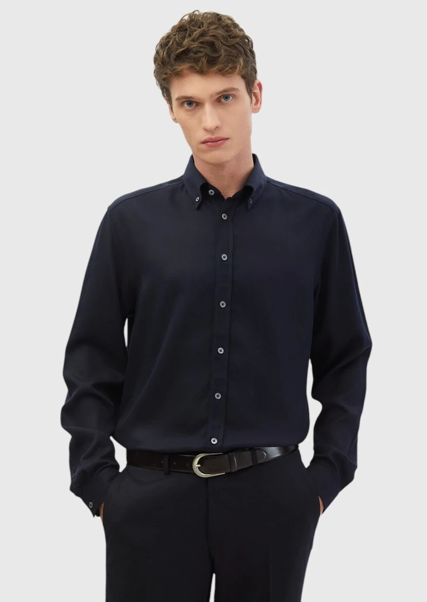Navy Blue Plain Casual Fit Weaving Casual Shirt - RAMSEY