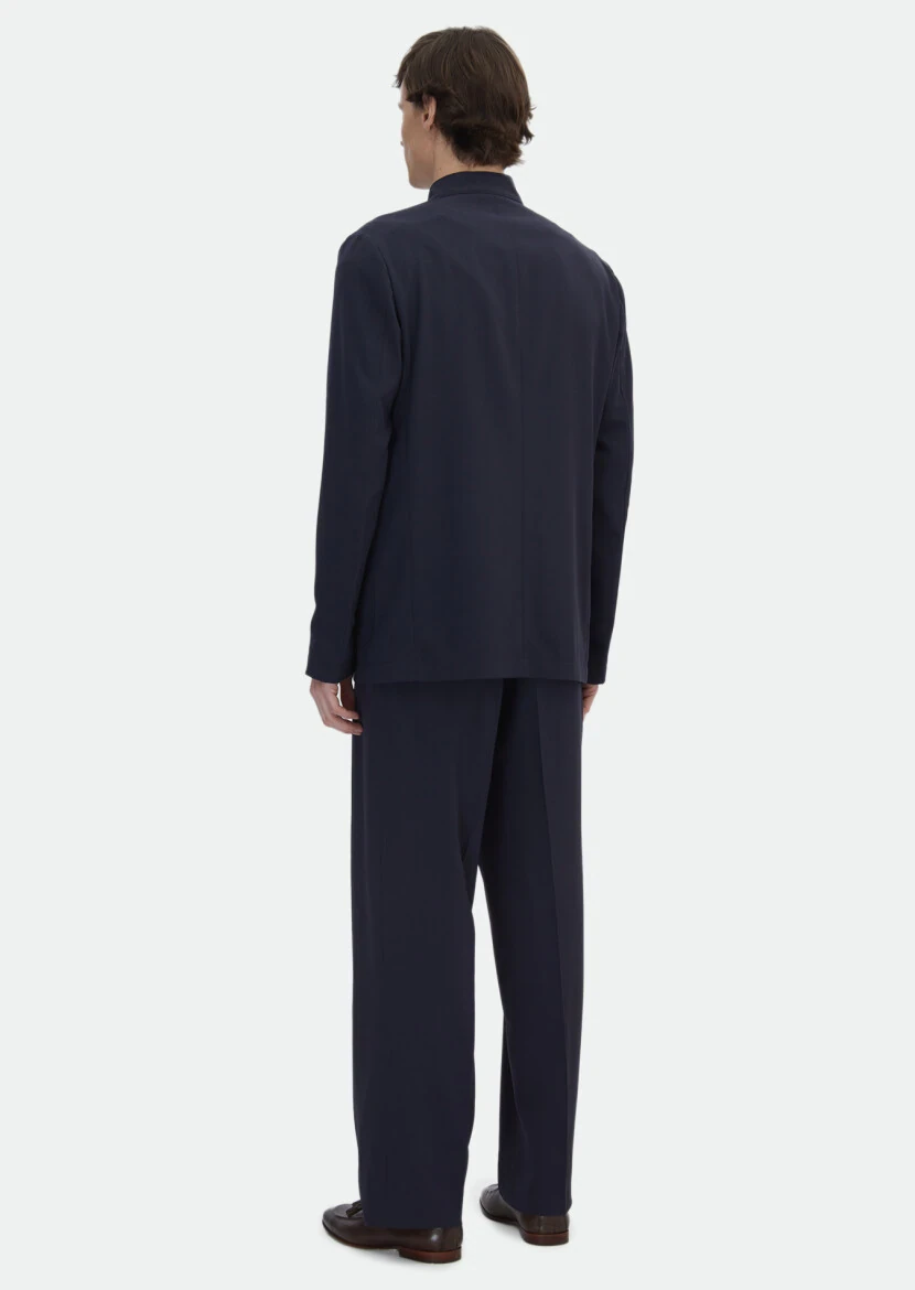 Navy Blue Plain Casual Fit Wool Blended Suit - 6