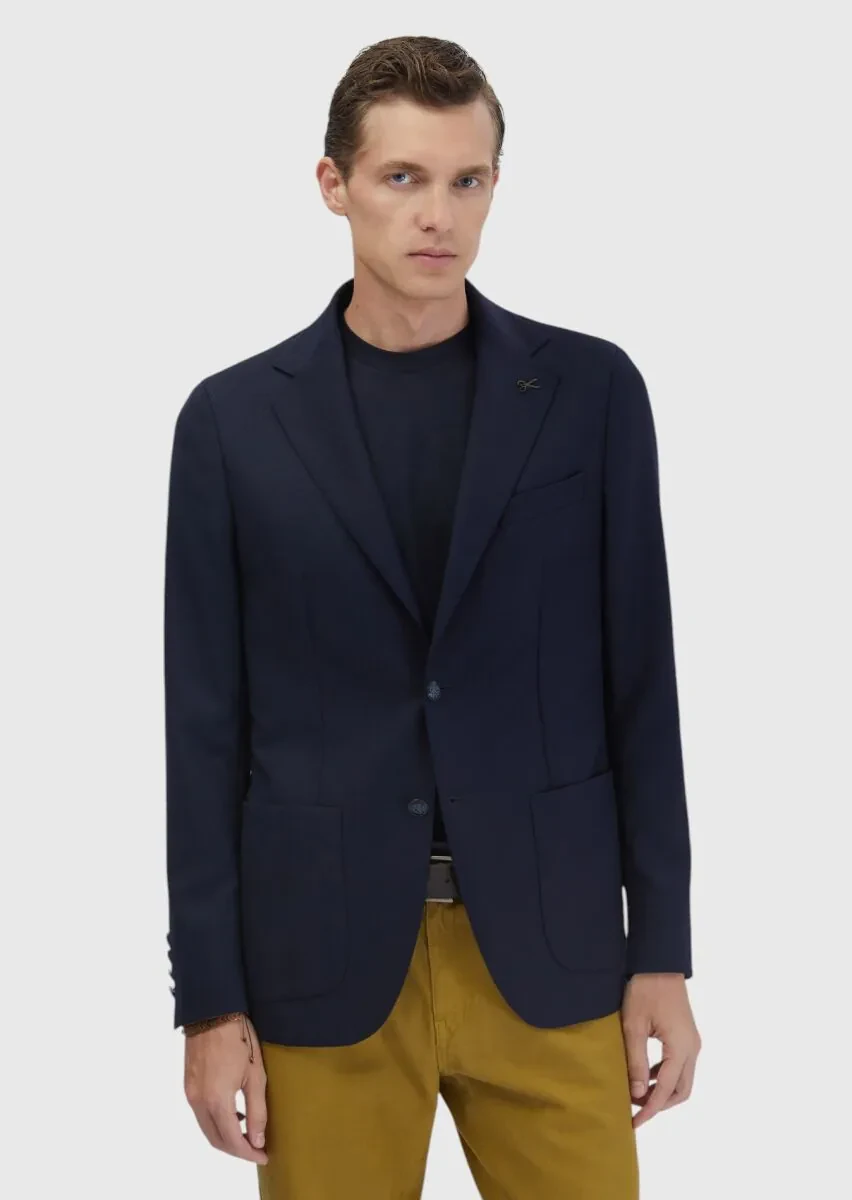Navy Blue Plain Comfort Fit 100% Wool Jacket - 3