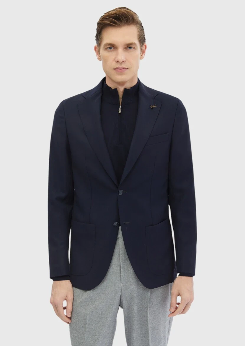 Navy Blue Plain Comfort Fit 100% Wool Jacket - RAMSEY