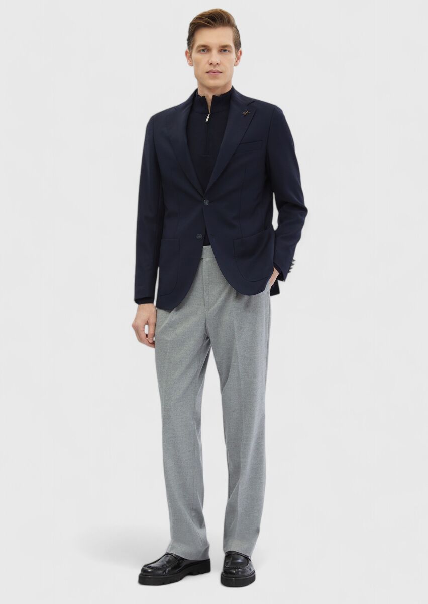 Navy Blue Plain Comfort Fit 100% Wool Jacket - 2