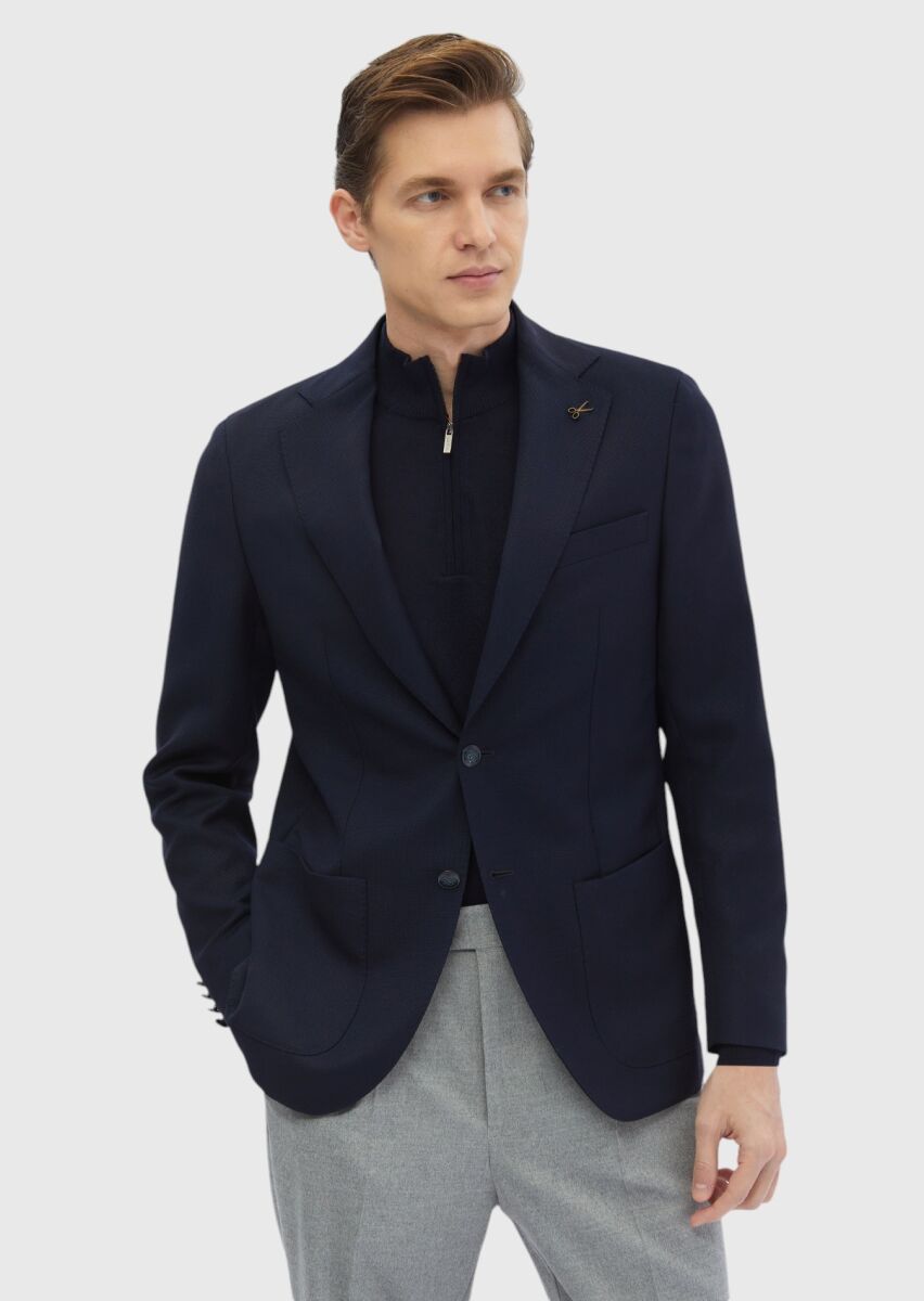 Navy Blue Plain Comfort Fit 100% Wool Jacket - 3