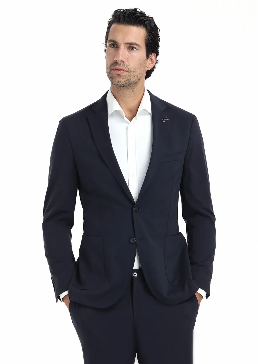 Navy Blue Plain Comfort Fit Suit - 2