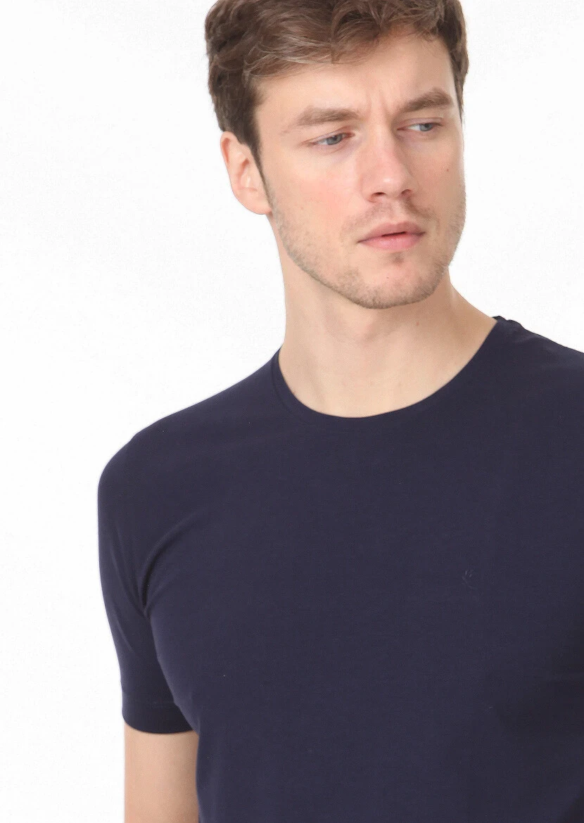 Navy Blue Plain Cotton Blended T-Shirt 