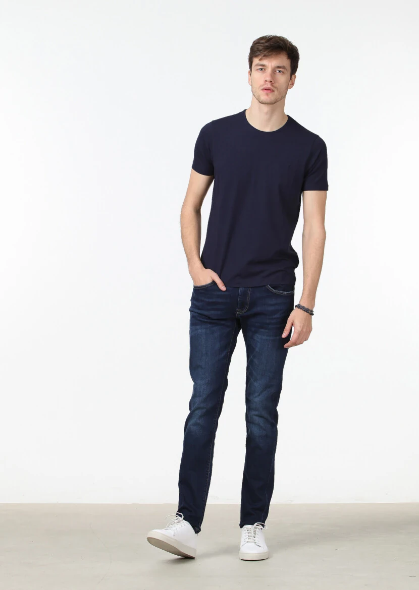 Navy Blue Plain Cotton Blended T-Shirt 