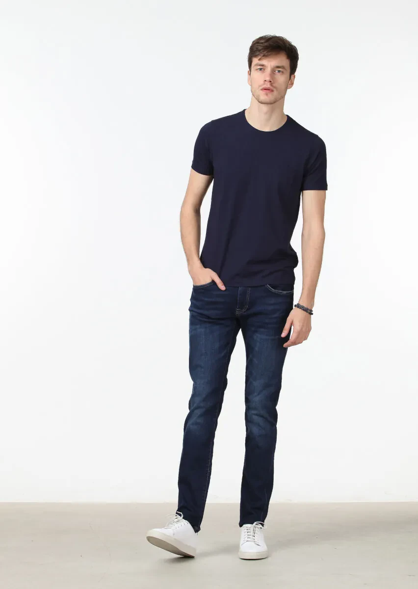 Navy Blue Plain Cotton Blended T-Shirt - 2