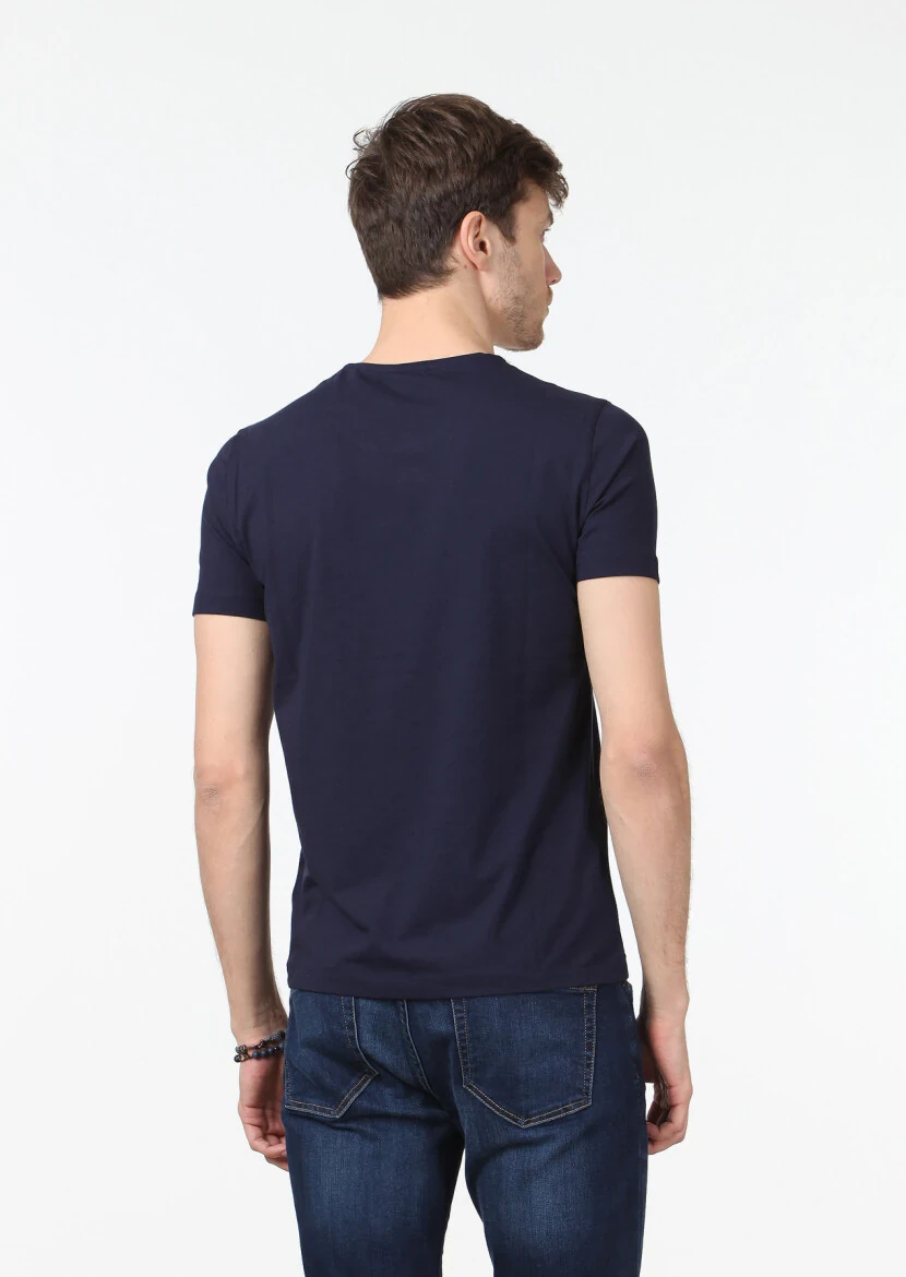 Navy Blue Plain Cotton Blended T-Shirt - 4