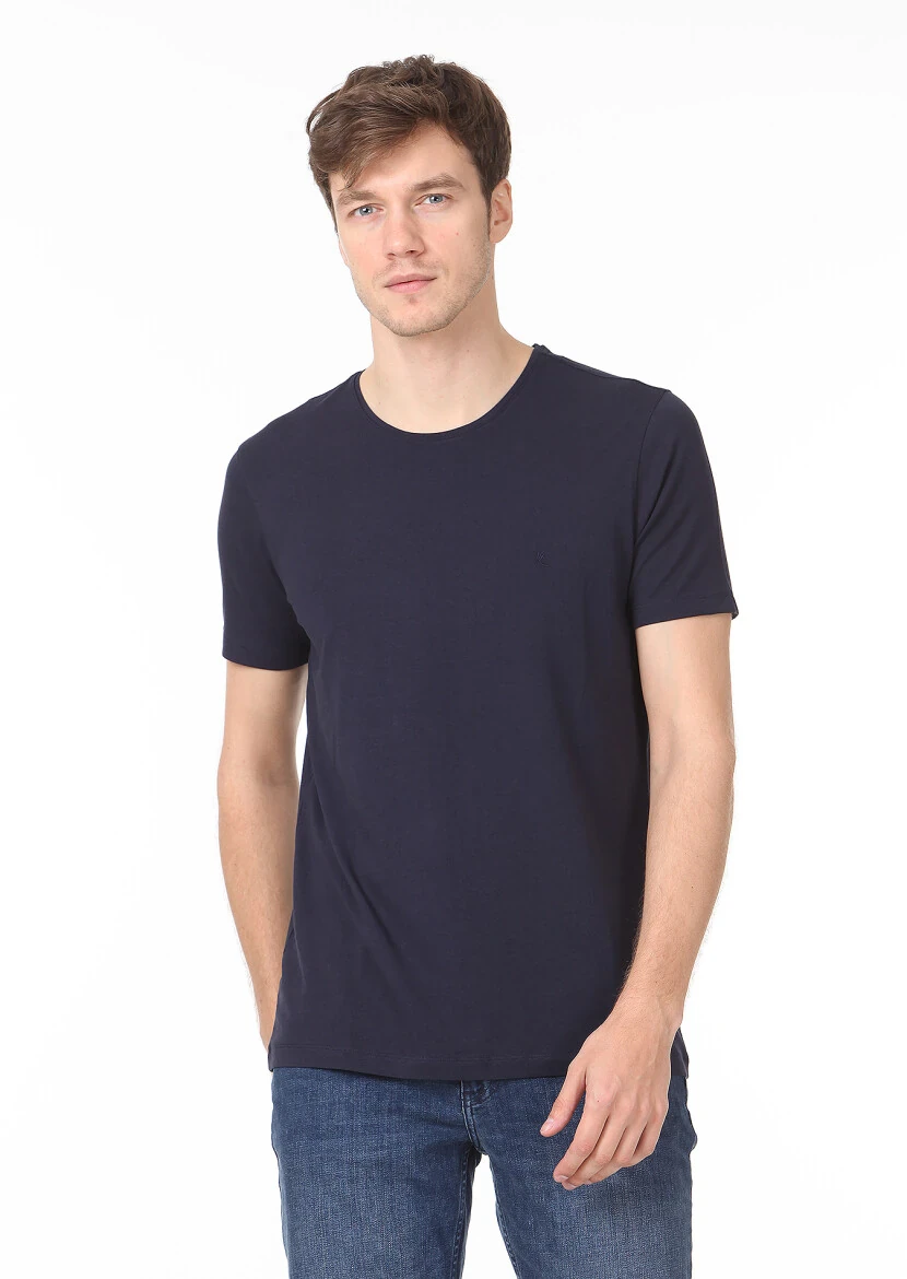 Navy Blue Plain Cotton Blended T-Shirt - 1