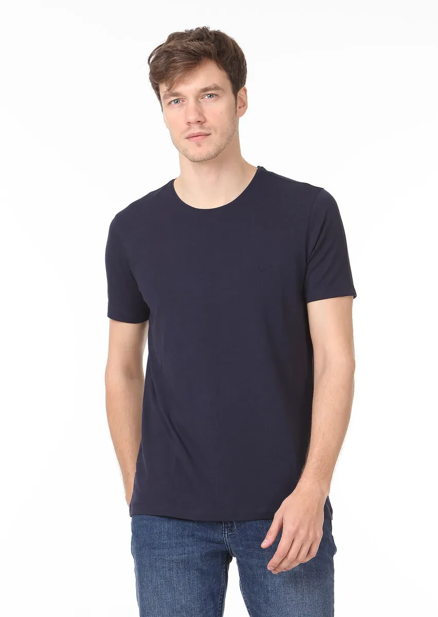 Navy Blue Plain Cotton Blended T-Shirt - 1