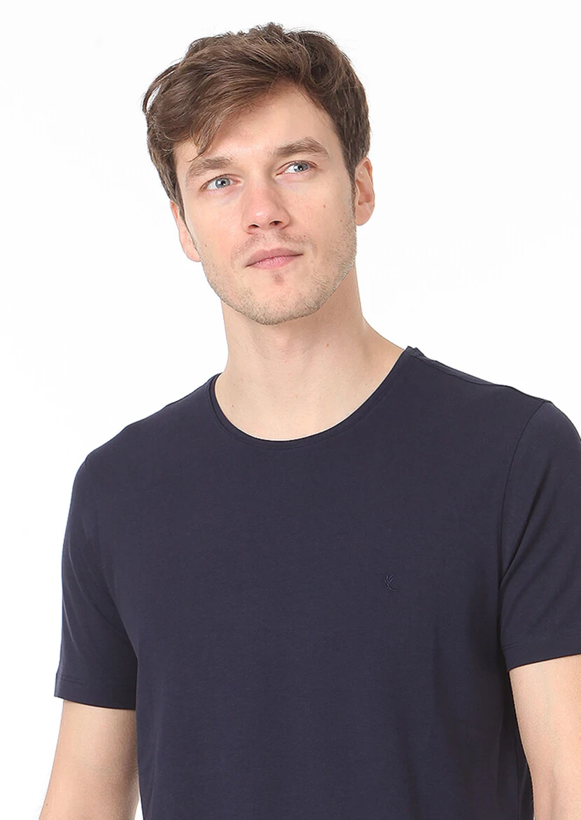 Navy Blue Plain Cotton Blended T-Shirt - 2