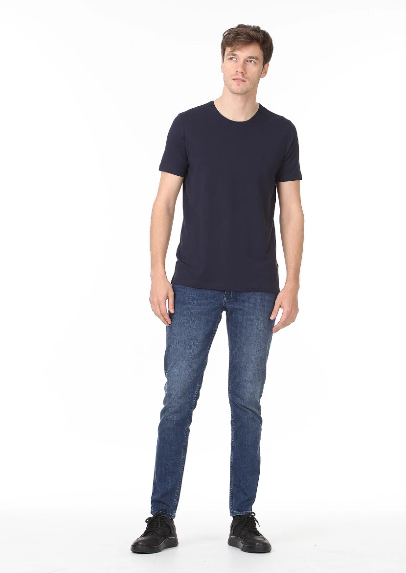 Navy Blue Plain Cotton Blended T-Shirt - 3