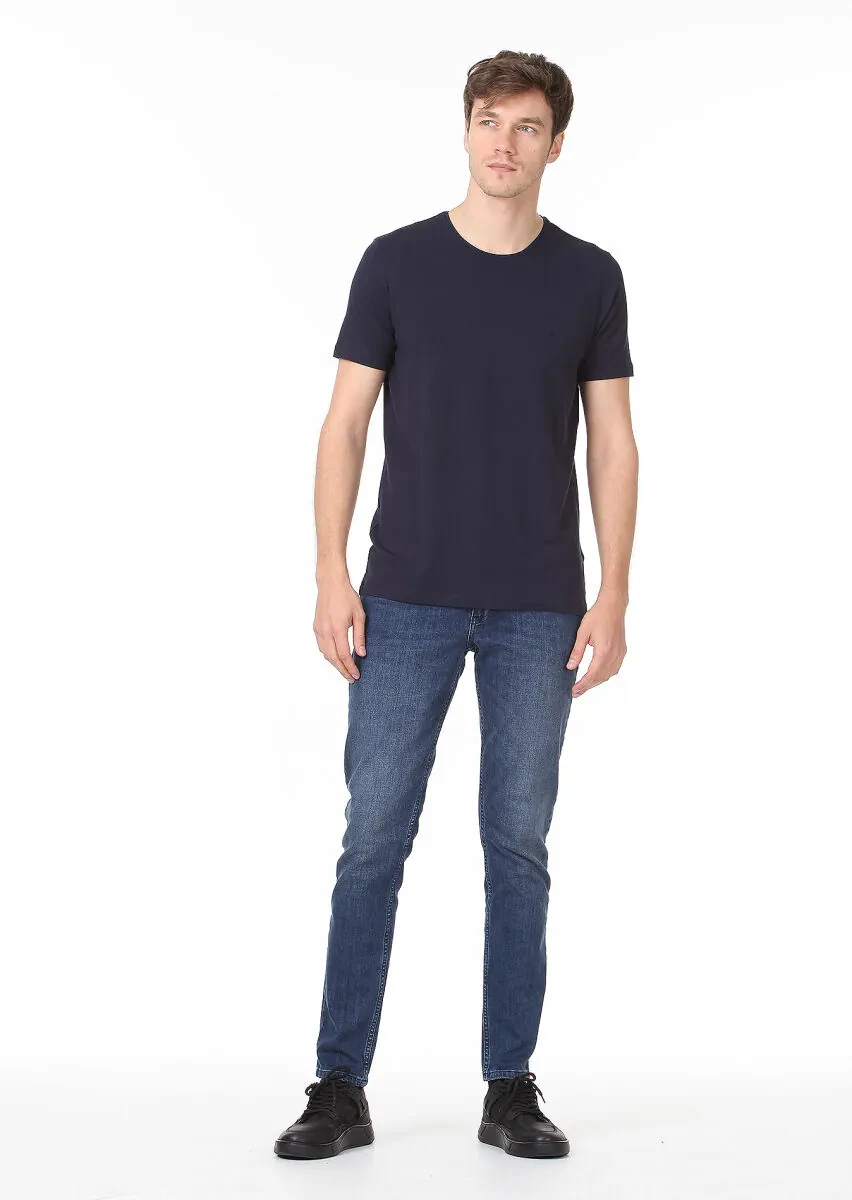 Navy Blue Plain Cotton Blended T-Shirt - 3
