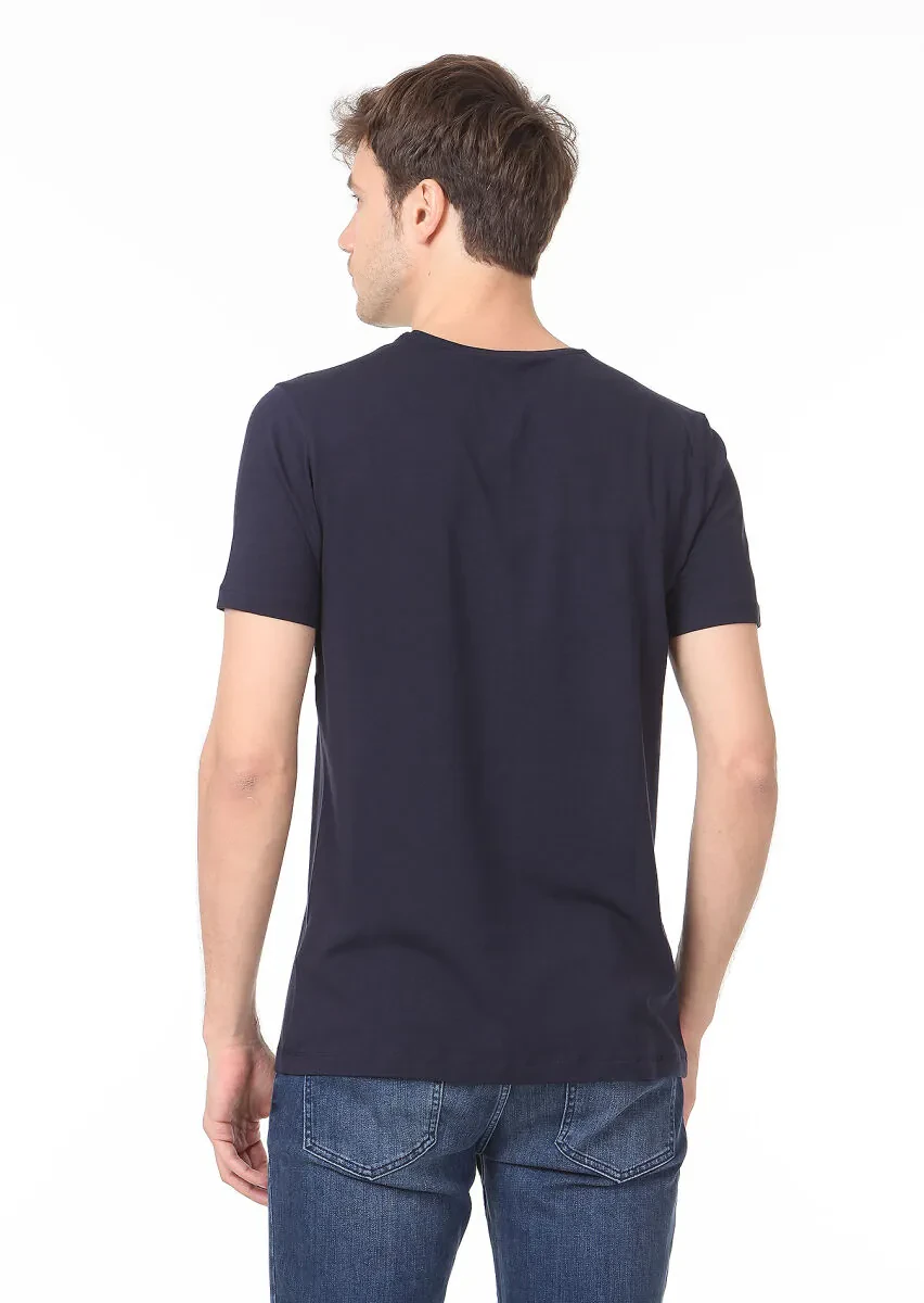 Navy Blue Plain Cotton Blended T-Shirt - 4