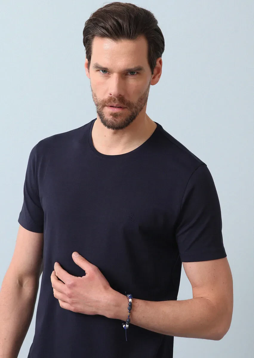 Navy Blue Plain Cotton Blended T-Shirt - 1
