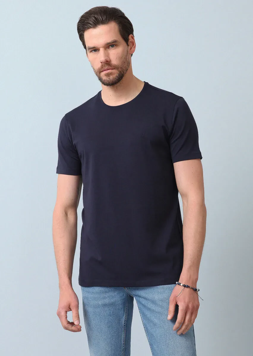 Navy Blue Plain Cotton Blended T-Shirt - 3