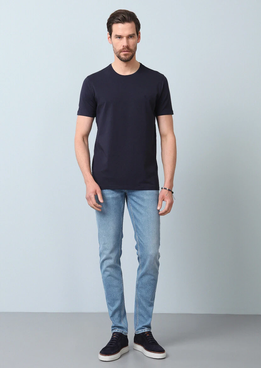 Navy Blue Plain Cotton Blended T-Shirt - 4