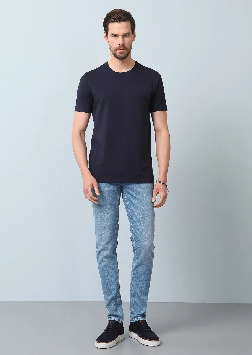 Navy Blue Plain Cotton Blended T-Shirt - 4