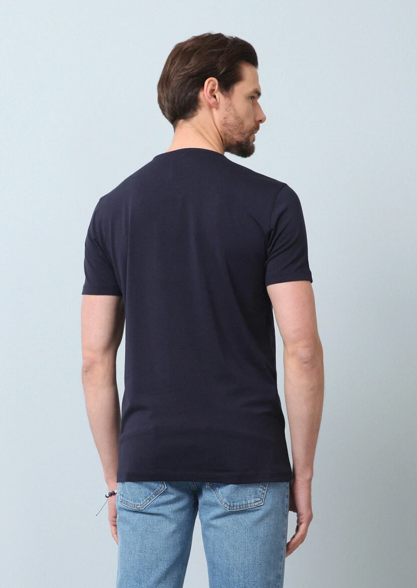 Navy Blue Plain Cotton Blended T-Shirt - 5