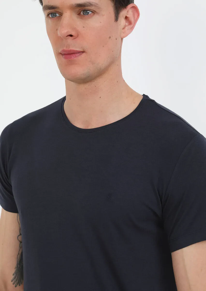 Navy Blue Plain Cotton Blended T-Shirt - 3