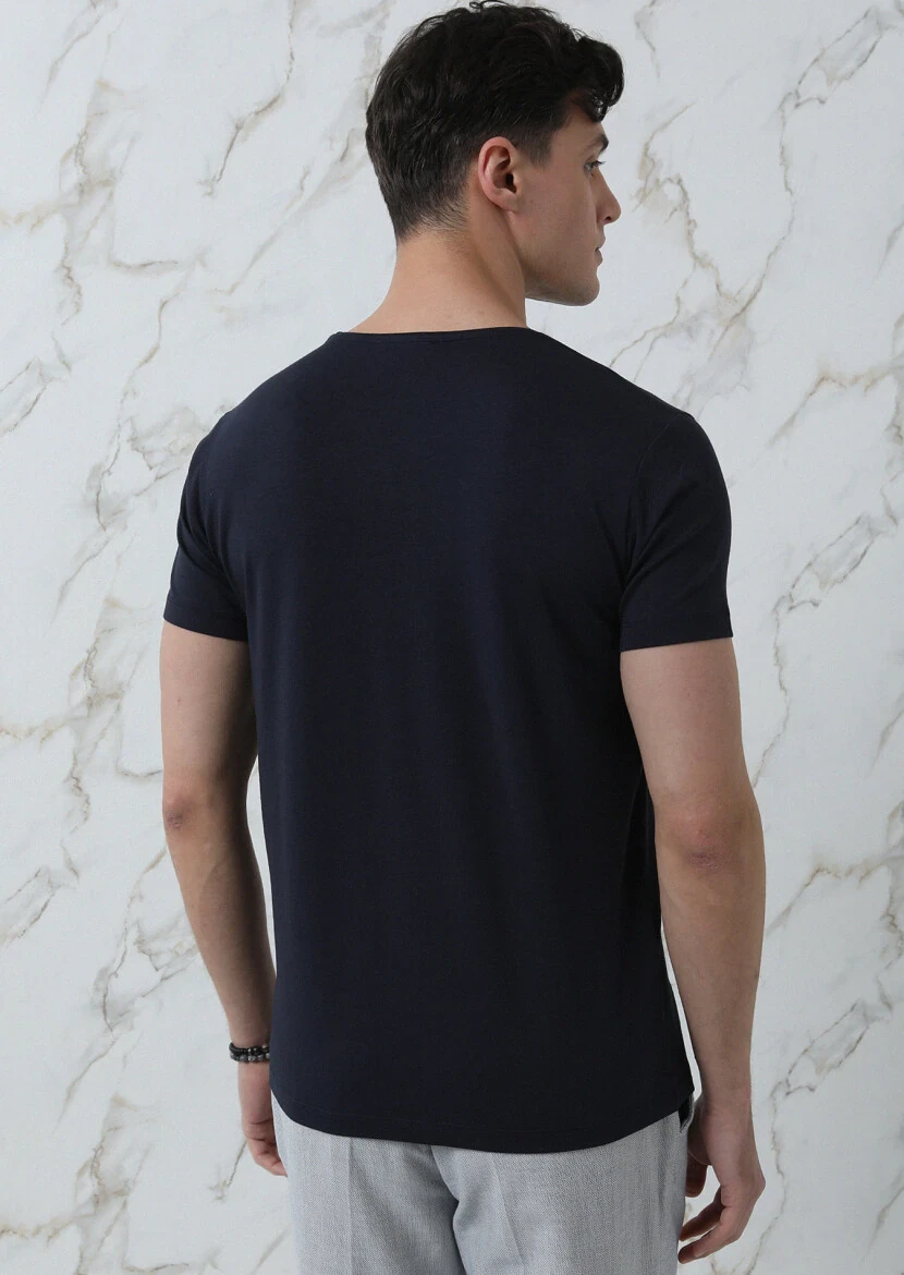 Navy Blue Plain Cotton Blended T-Shirt - 5