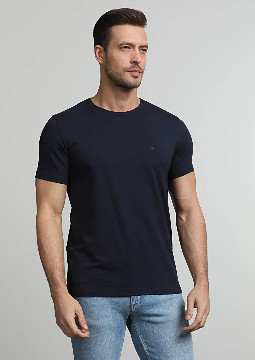 Navy Blue Plain Cotton Blended T-Shirt - RAMSEY
