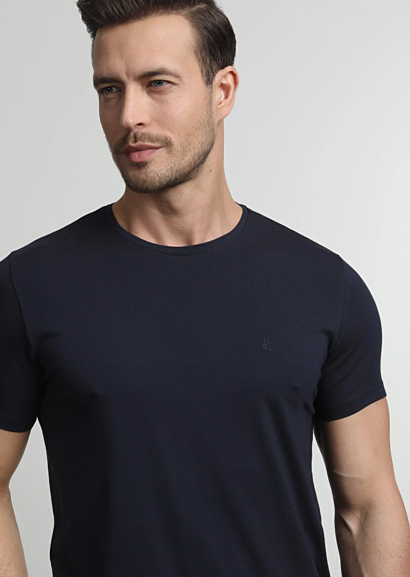 Navy Blue Plain Cotton Blended T-Shirt - RAMSEY