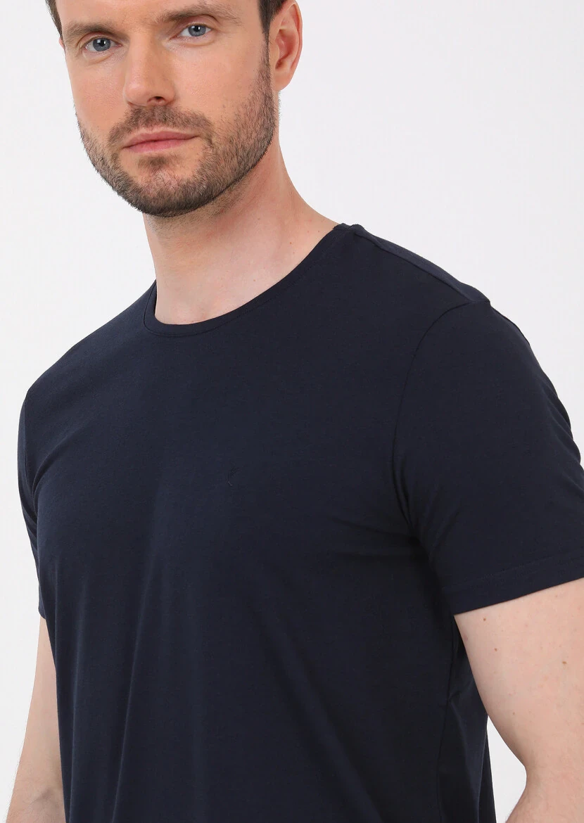 Navy Blue Plain Cotton Blended T-Shirt 