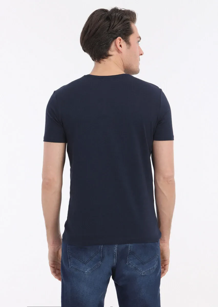 Navy Blue Plain Cotton Blended T-Shirt - 4