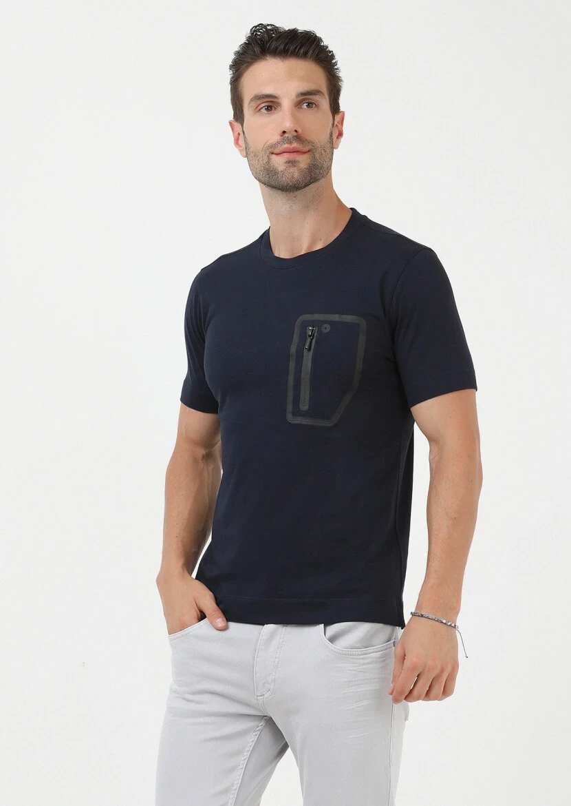 Navy Blue Plain Crew Neck 100% Cotton T-Shirt - 1