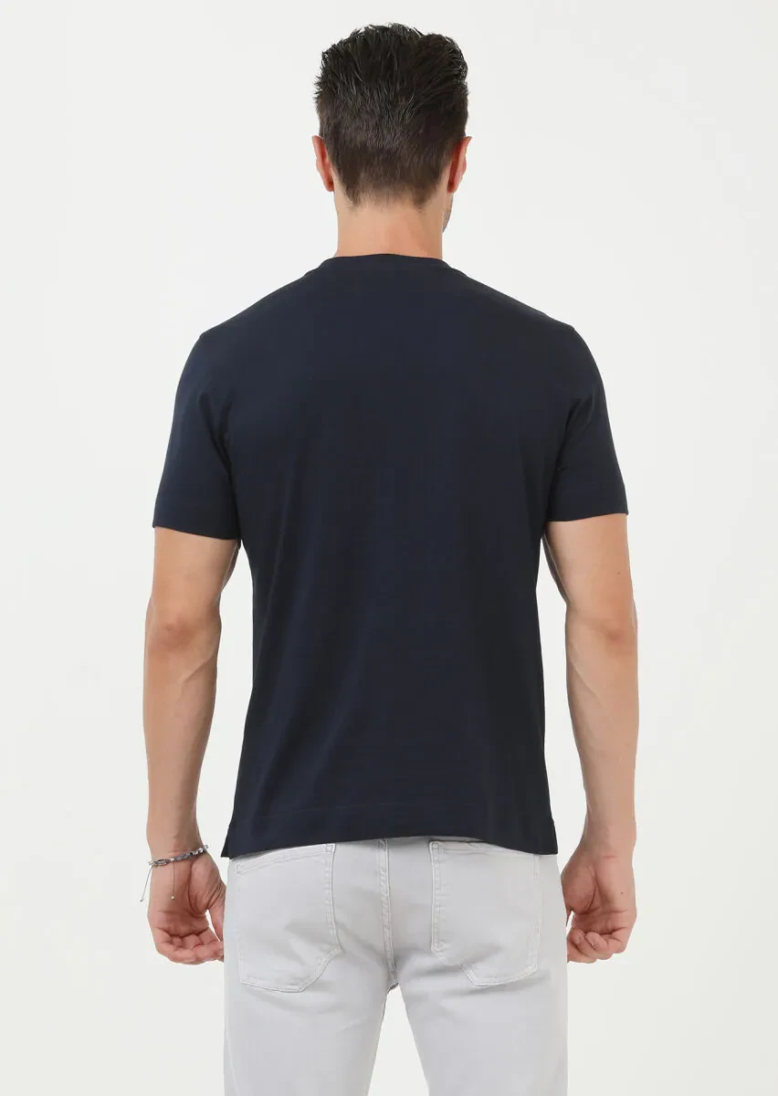 Navy Blue Plain Crew Neck 100% Cotton T-Shirt - 4