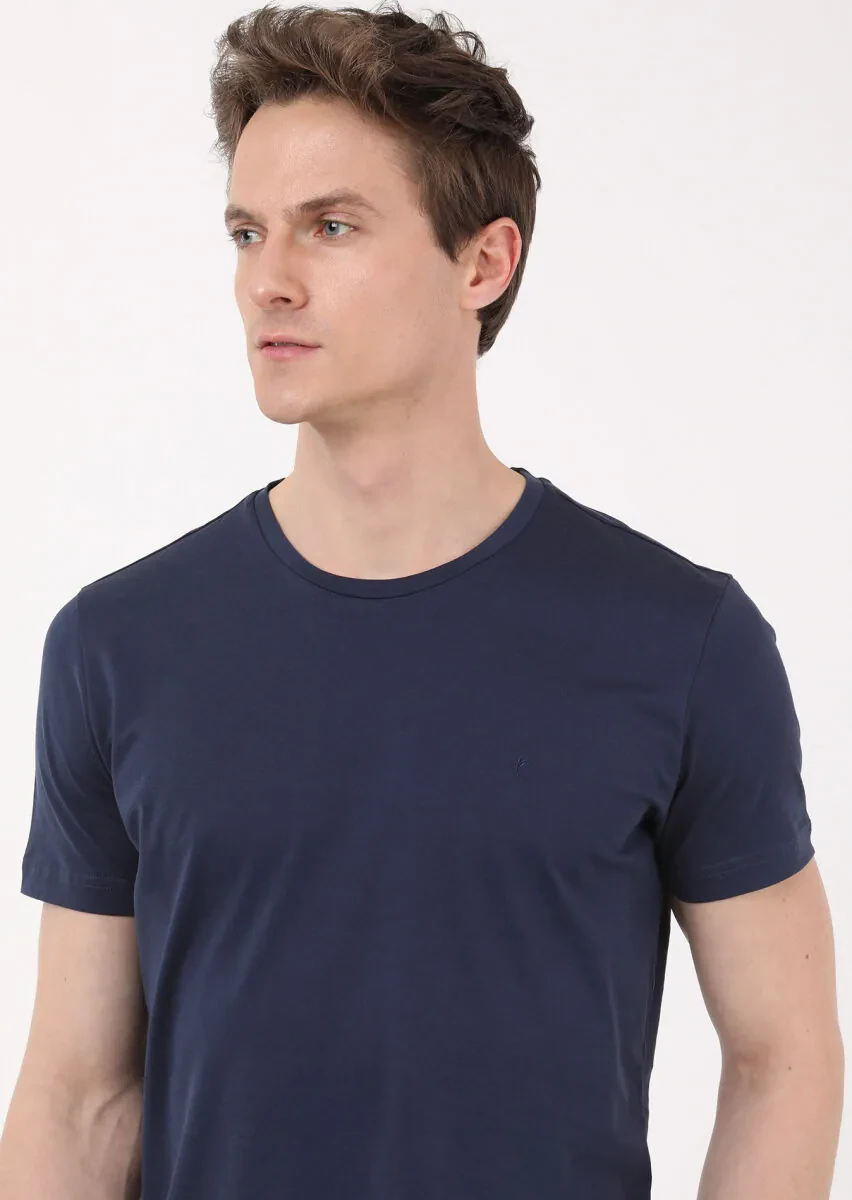 Navy Blue Plain Crew Neck 100% Cotton T-Shirt - 2