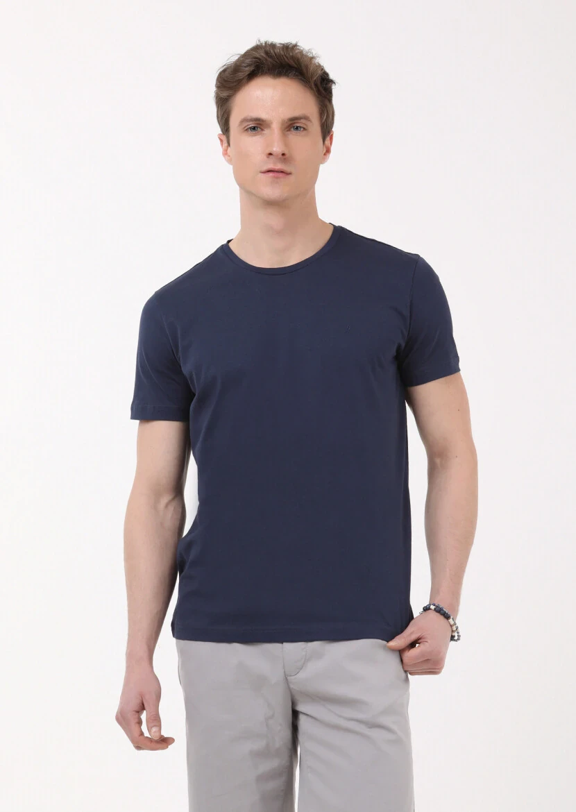 Navy Blue Plain Crew Neck 100% Cotton T-Shirt - 3