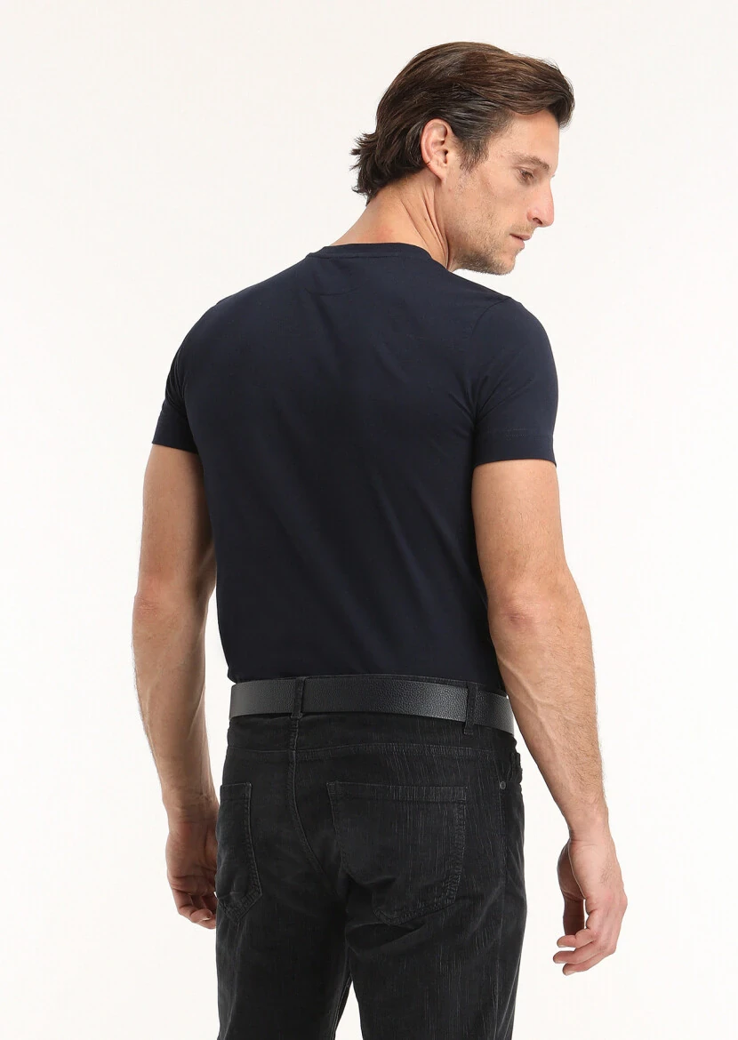 Navy Blue Plain Crew Neck 100% Cotton T-Shirt - 4