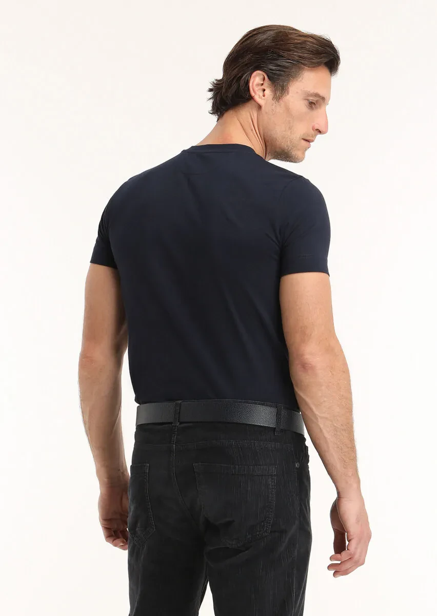 Navy Blue Plain Crew Neck 100% Cotton T-Shirt - 4