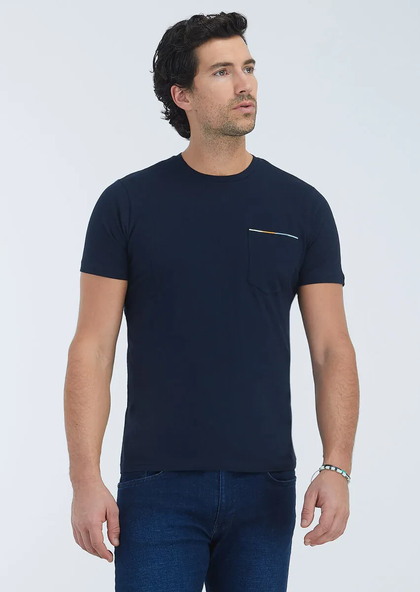 Navy Blue Plain Crew Neck 100% Cotton T-Shirt - 2