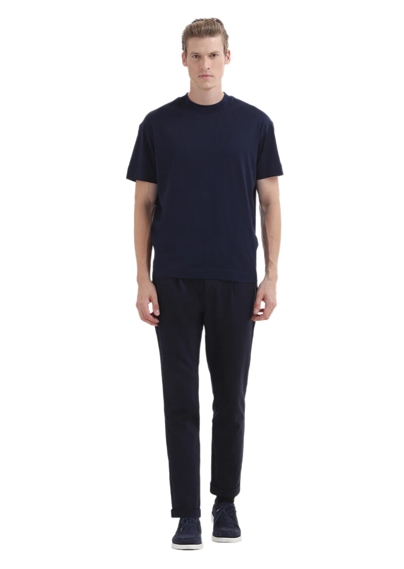 Navy Blue Plain Crew Neck 100% Cotton T-Shirt - RAMSEY