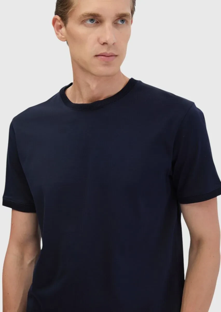 Navy Blue Plain Crew Neck 100% Cotton T-Shirt - 3