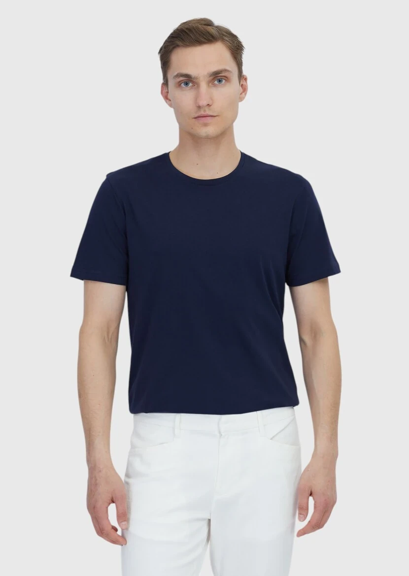 Navy Blue Plain Crew Neck 100% Cotton T-Shirt - RAMSEY