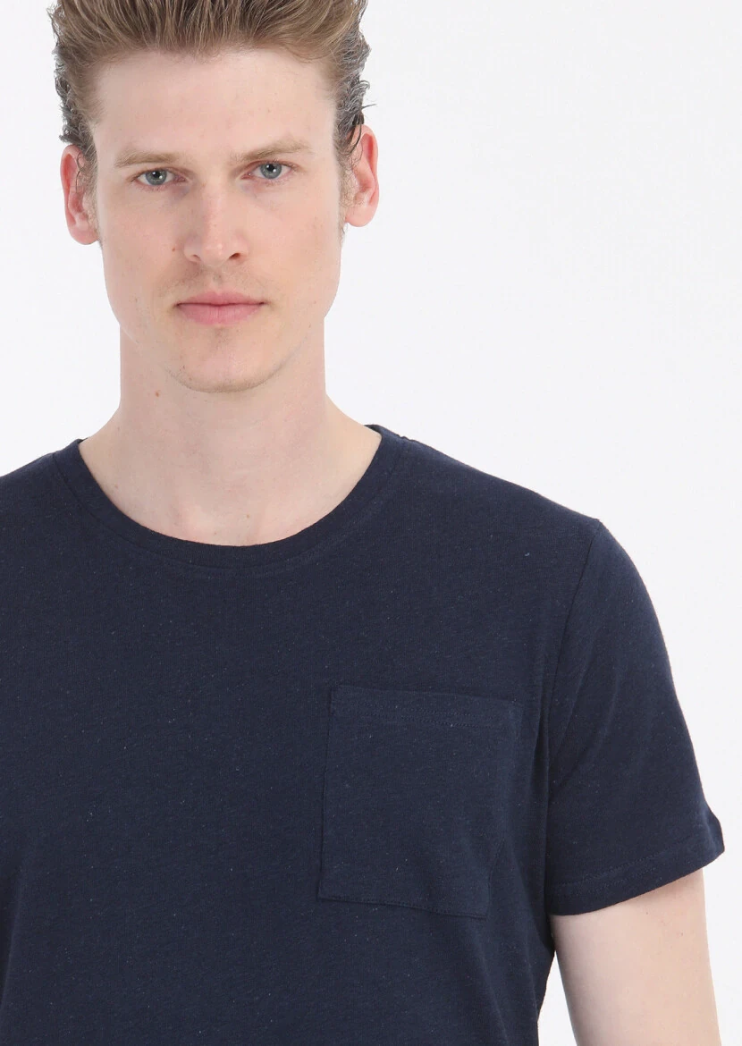 Navy Blue Plain Crew Neck 100% Linen T-Shirt - 3