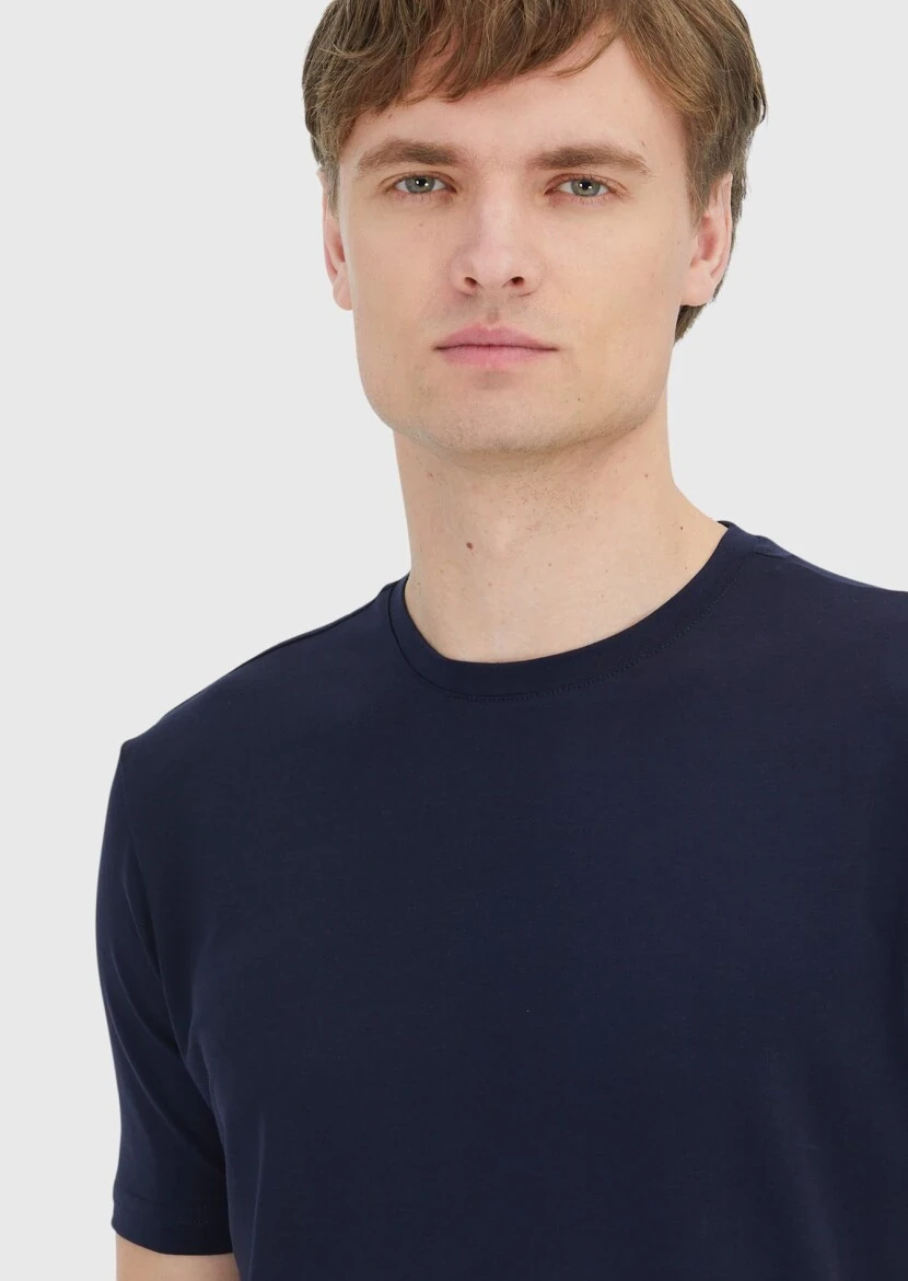 Navy Blue Plain Crew Neck Cotton Blended T-Shirt - 3