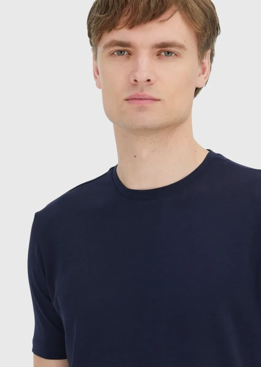 Navy Blue Plain Crew Neck Cotton Blended T-Shirt - 3